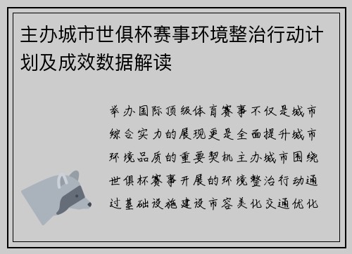 主办城市世俱杯赛事环境整治行动计划及成效数据解读